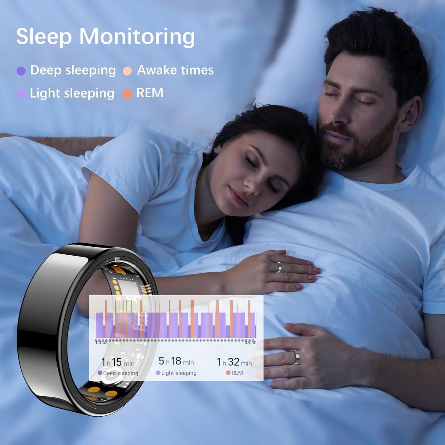 Ring Health Tracker for Women Men, Fit Ring with Heart Rate, Blood Oxygen, Sleep Monitor, Calories, Step Counter, IP68 Waterproof Smart Ring for iPhone & Android, No Subscription Fee (Black, 13#)