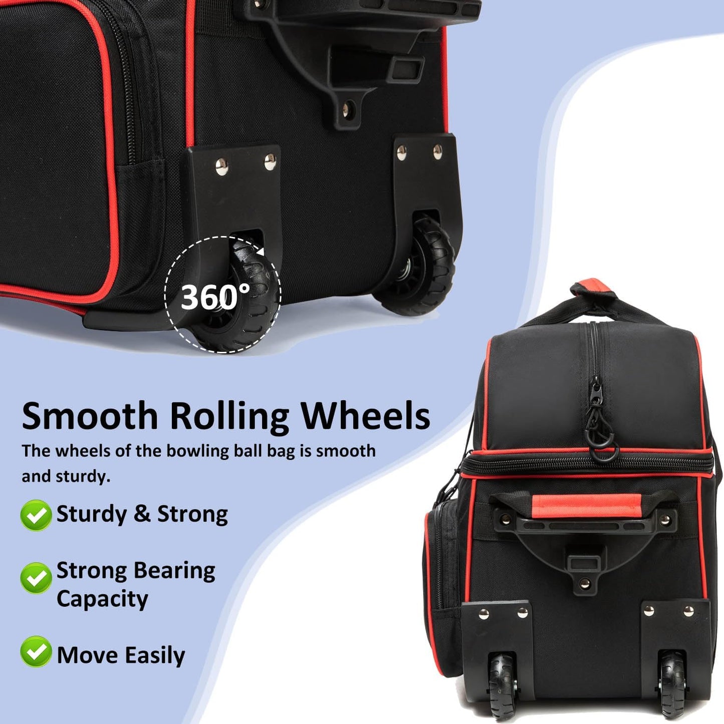 Bowling Bag with Wheels Double Roller 2 Ball Bowling Separate Shoe Compartment and Oversized Accessory Pocket, 36.6" Extendable Handle.