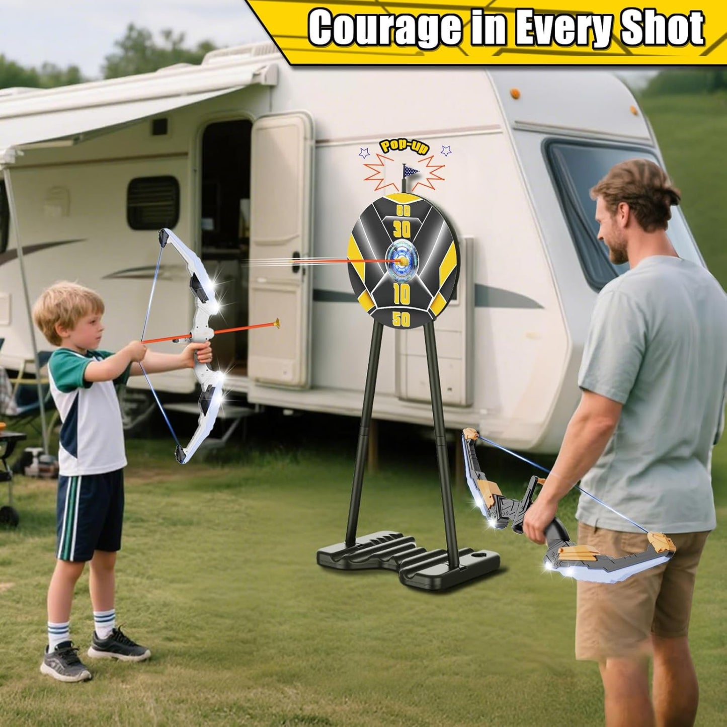 TIGTECGAME 2 Pack Bow and Arrow for Kids, LED Light Up Archery Set with 20 Suction Cup Arrows, 1 Standing Target with Flag Score, Indoor Outdoor Play Sport Toys Gifts for Kids, Boys & Girls Ages 3-12