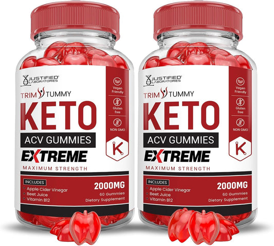 Justified Laboratories (2 Pack Trim Tummy Keto ACV Gummies Extreme 2000MG Trim Tummy Keto Gummies Apple Cider Vinegar Formulated with Pomegranate Beet Juice Powder B12 Vegan Non GMO 120 Gummys