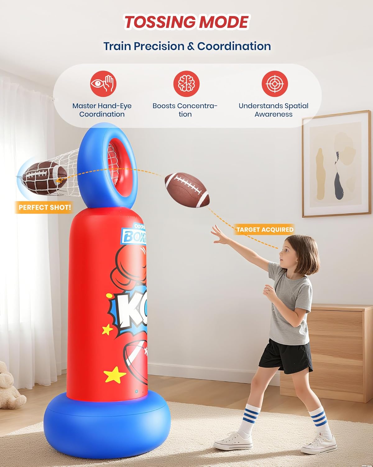 Inflatable Punching Bag for Kids, 2-in-1 Freestanding Boxing Bag with Football Toss Game, 68.8'' Heavy Duty Karate Taekwondo Toy for Boys Girls Ages 3-12, Birthday Ideas
