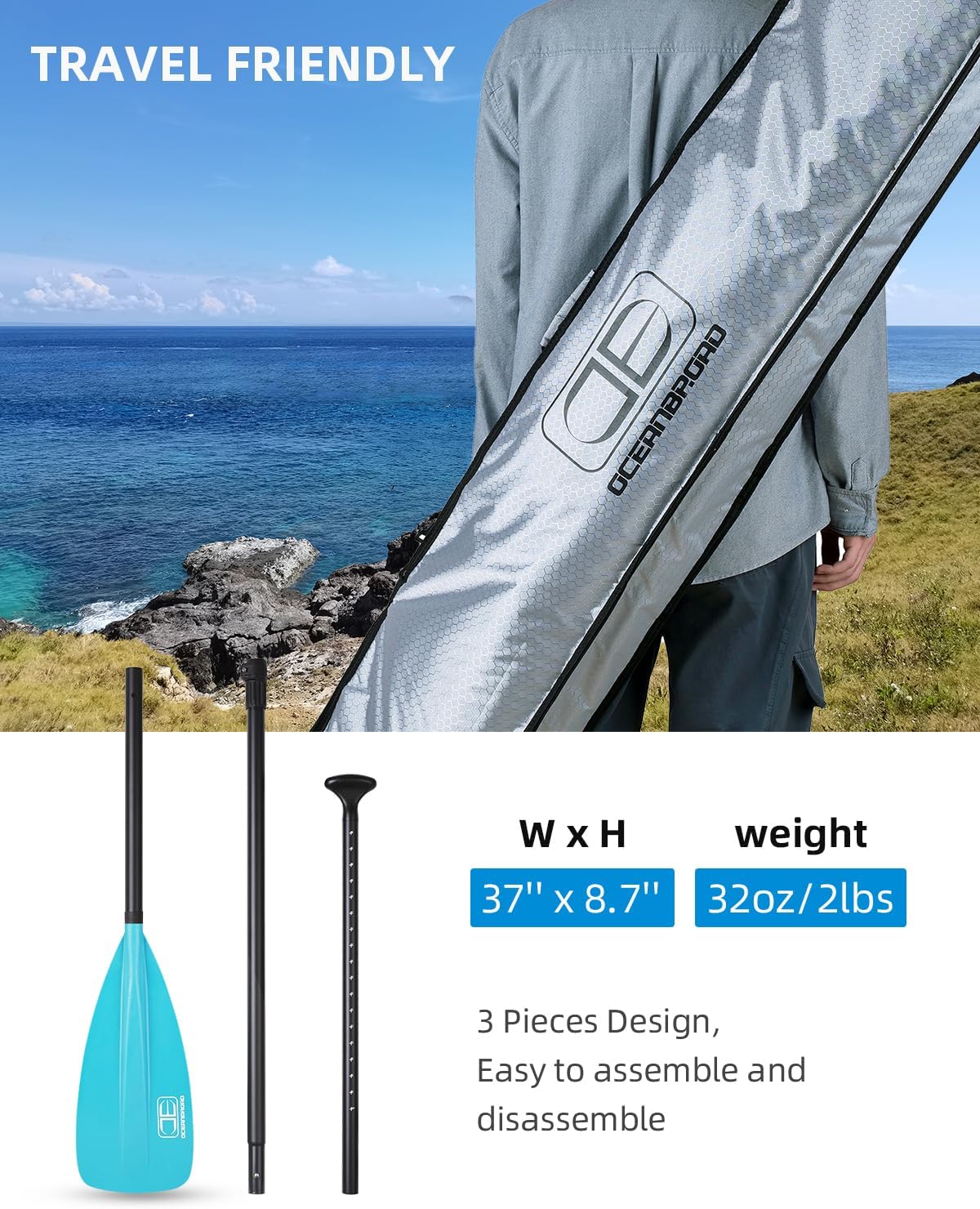 OCEANBROAD SUP Paddle - Adjustable Stand-Up Paddle for Paddleboard Kayak, Adjustable Aluminum Alloy Shaft with Reinforced Nylon Blades