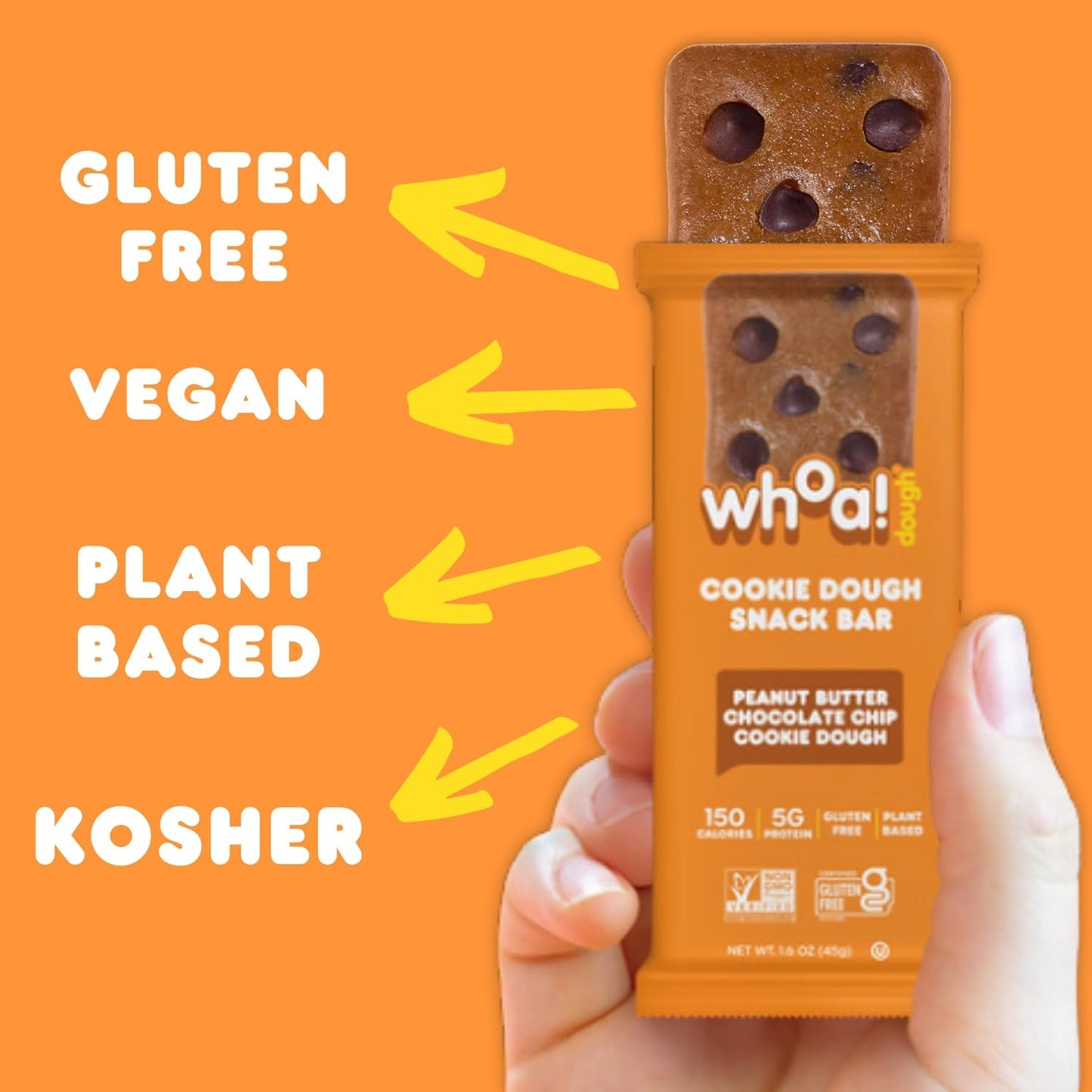 Whoa Dough Edible Cookie Dough Bars- Certified Non-GMO, Kosher and Gluten Free Bars - Healthy Snack Foods - Plant Based Snacks - Peanut Butter Chocolate Chip Cookie Dough - 10 Pack
