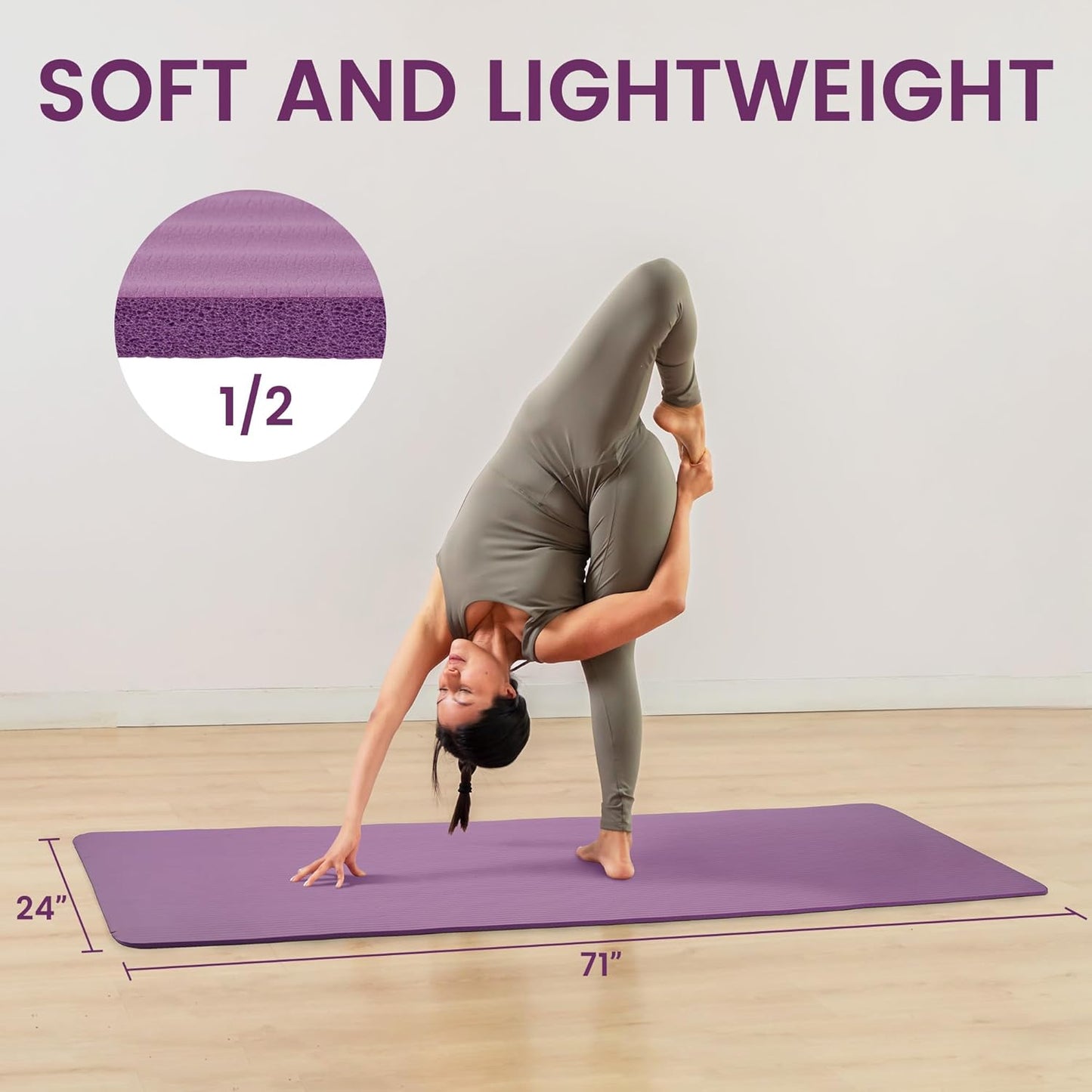 Yoga Mat, 1/2-Inch Extra Thick High Density Exercise Mat, Anti-Tear Exercise Yoga Mat with Carrying Strap, Suitable for Various Yoga Exercises