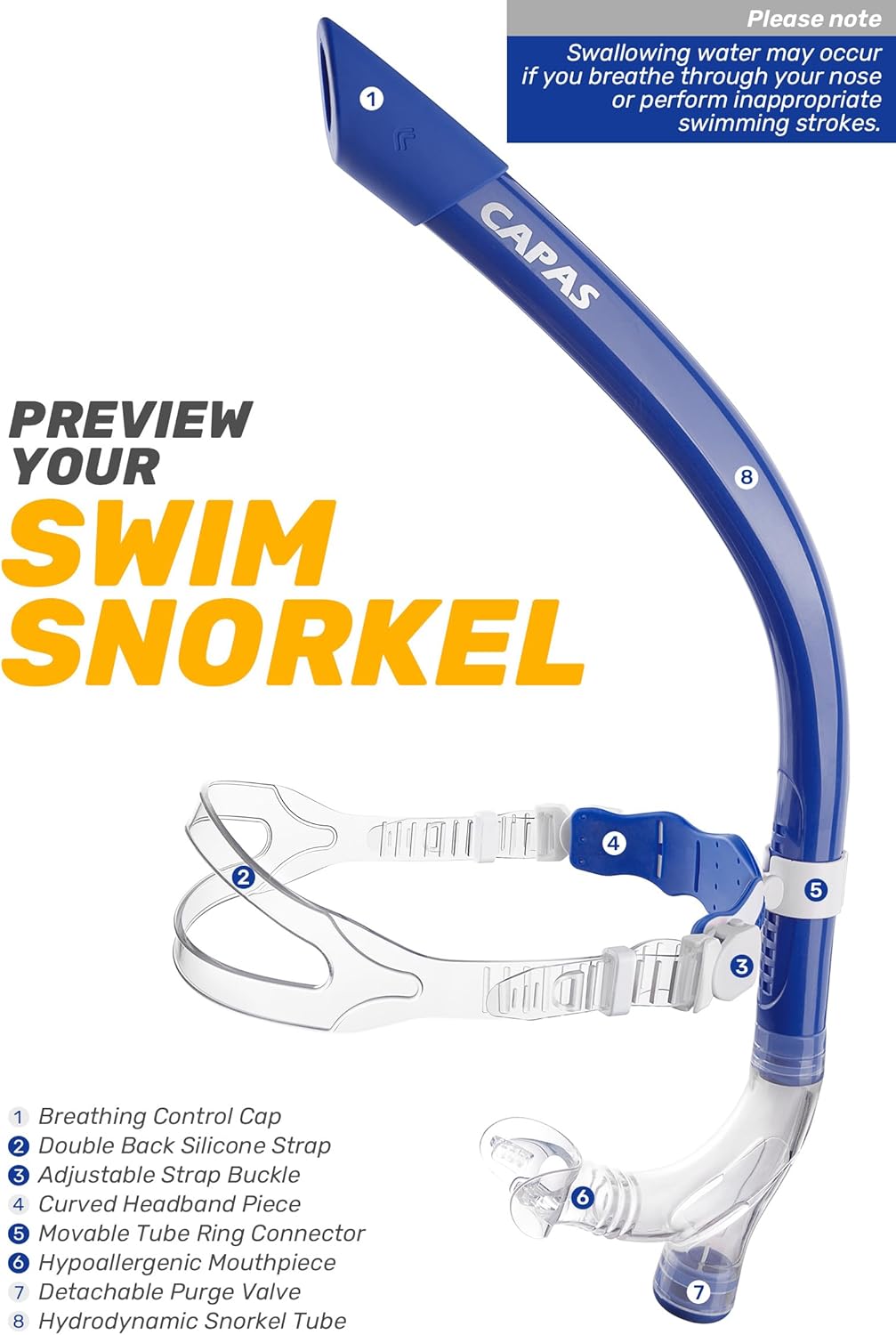 CAPAS Training Swim Snorkel for Lap Swimming, Swivel Headband Ultimate Fit Center-Mount Swimmers Snorkel with Liquid Silicone Mouthpiece Adjustable Strap, Designed for Adult Men Women