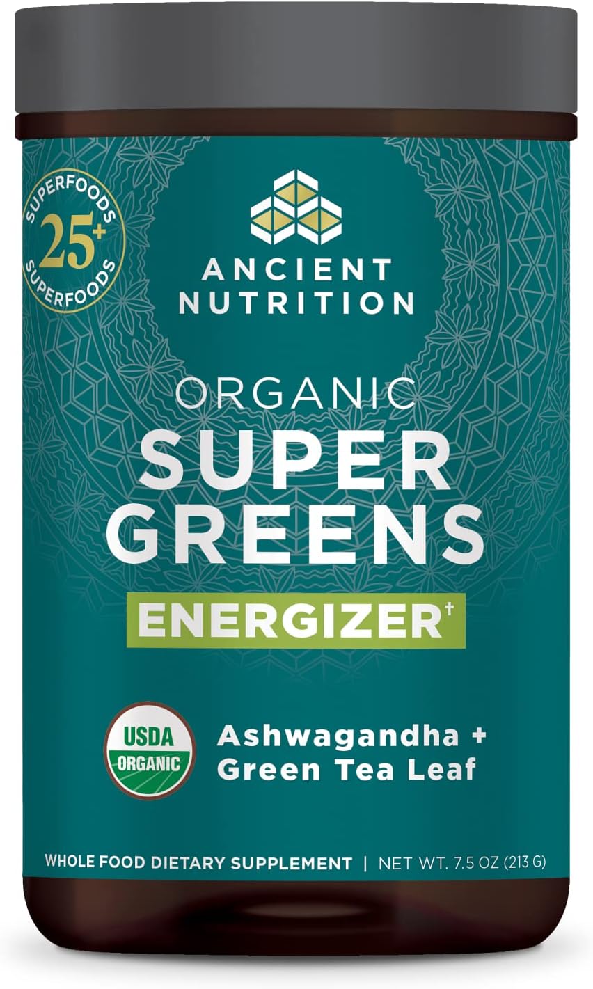 Organic SuperGreens Energizer Powder with Probiotics and B12 by Ancient Nutrition, Made from Real Fruits, Vegetables and Herbs, for Digestive, Detoxification and Energy Support, 25 Servings