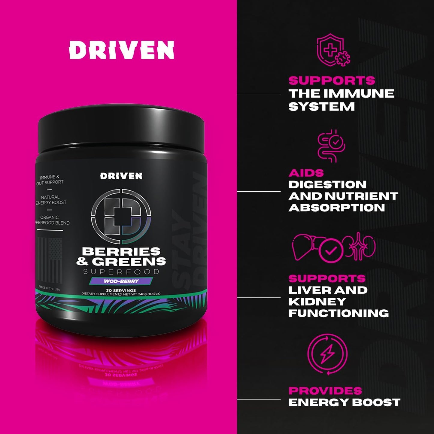 Driven B&G Berries & Greens Superfood Powder, 30 Servings - Organic Plant-Based Formula with Probiotics & Digestive Enzymes -Supports Recovery, Healthy Digestion, and Immune Function