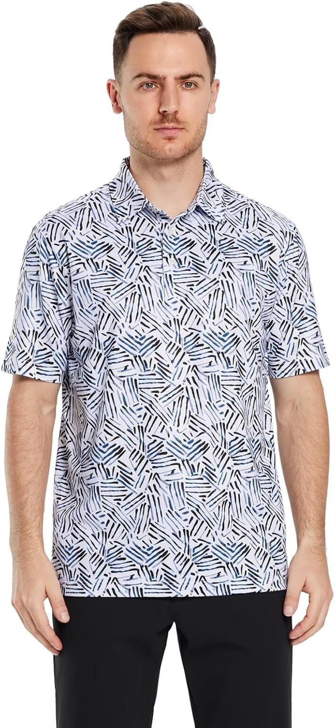 Men's Golf Polo Shirts Short Sleeve Striped Performance Moisture Wicking Dry Fit Golf Shirts for Men