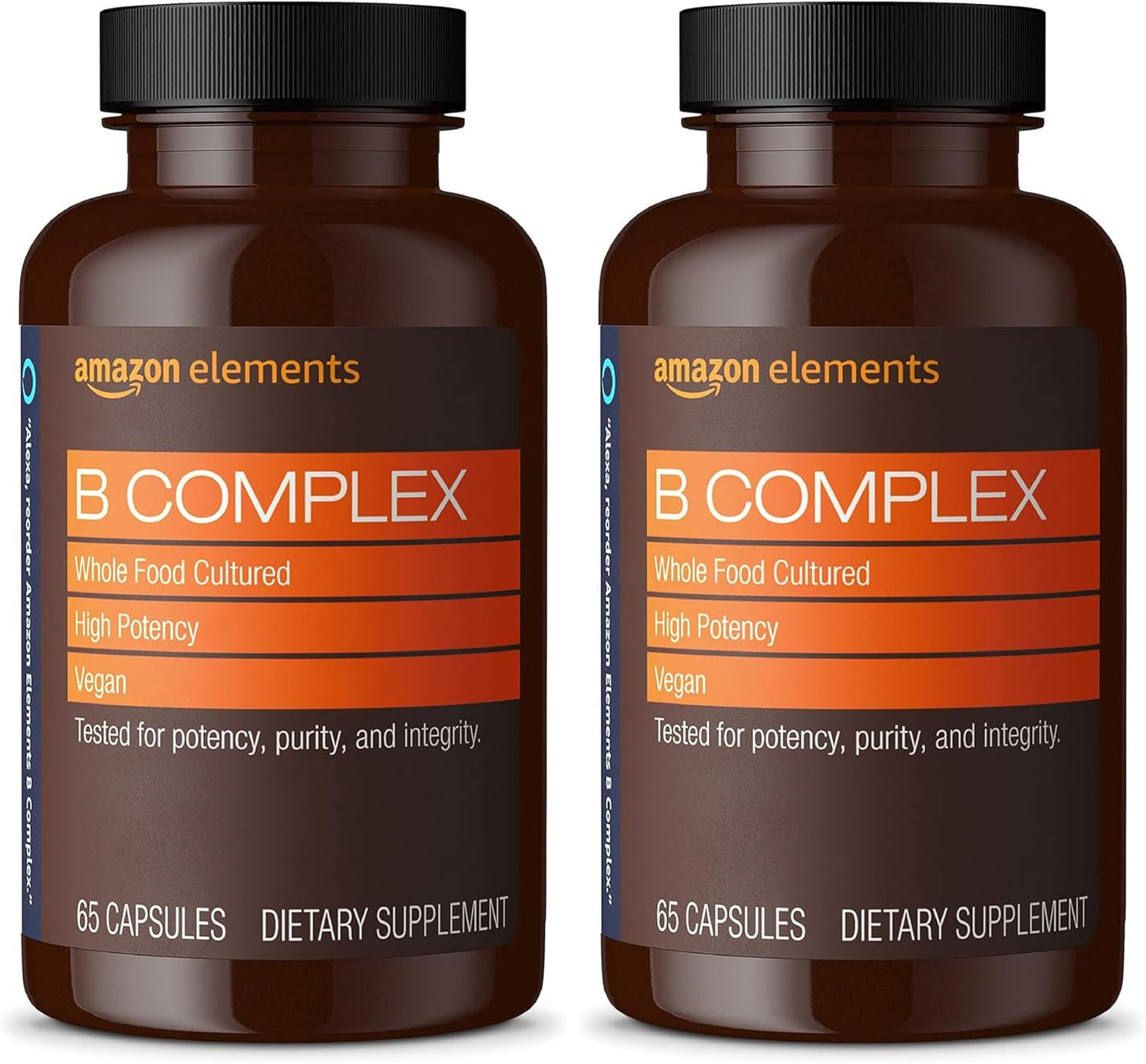 Amazon Elements B Complex, High Potency, 83% Whole Food Cultured, Supports Immune and Normal Energy Metabolism, Vegan, 65 Capsules, 2 Month Supply (Packaging May Vary) (Pack of 2)