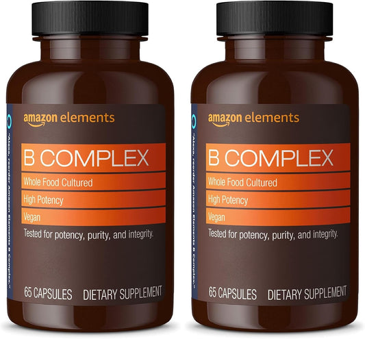 Amazon Elements B Complex, High Potency, 83% Whole Food Cultured, Supports Immune and Normal Energy Metabolism, Vegan, 65 Capsules, 2 Month Supply (Packaging May Vary) (Pack of 2)