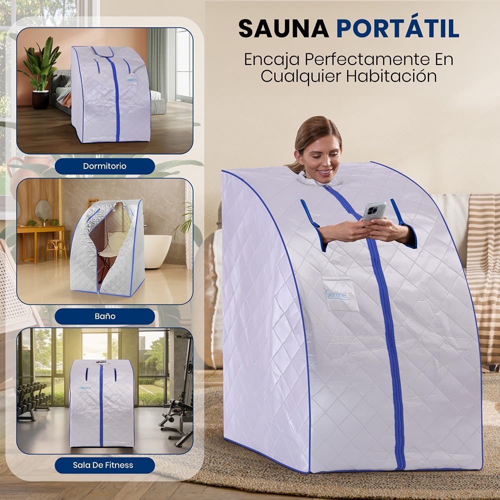 SereneLife Portable Sauna Box for Home, Infrared Sauna Tent with Heated Foot Pad and Folding Chair, Remote Control In-Home Spa, 38" x 32” - (Silver)