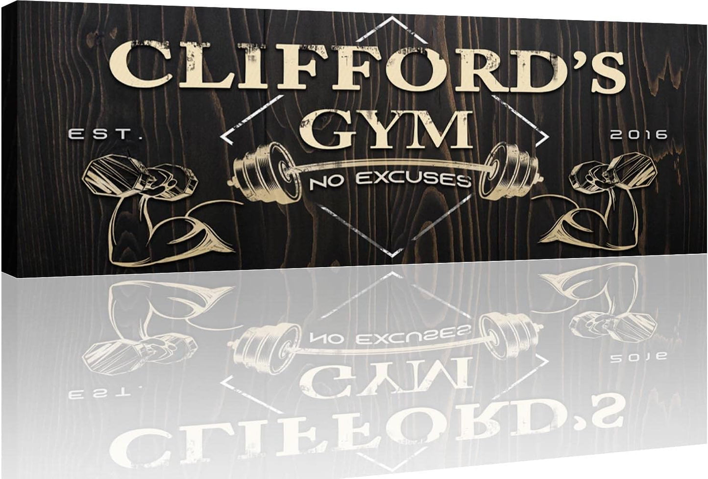 Tailored Canvases Personalized Gym Sign Wall Art Decor - Motivational Canvas for Home Gym, Workout Room, Garage, Fitness Center - Workout Inspirational Posters - Gym Name on Wooden Background, 48x16in