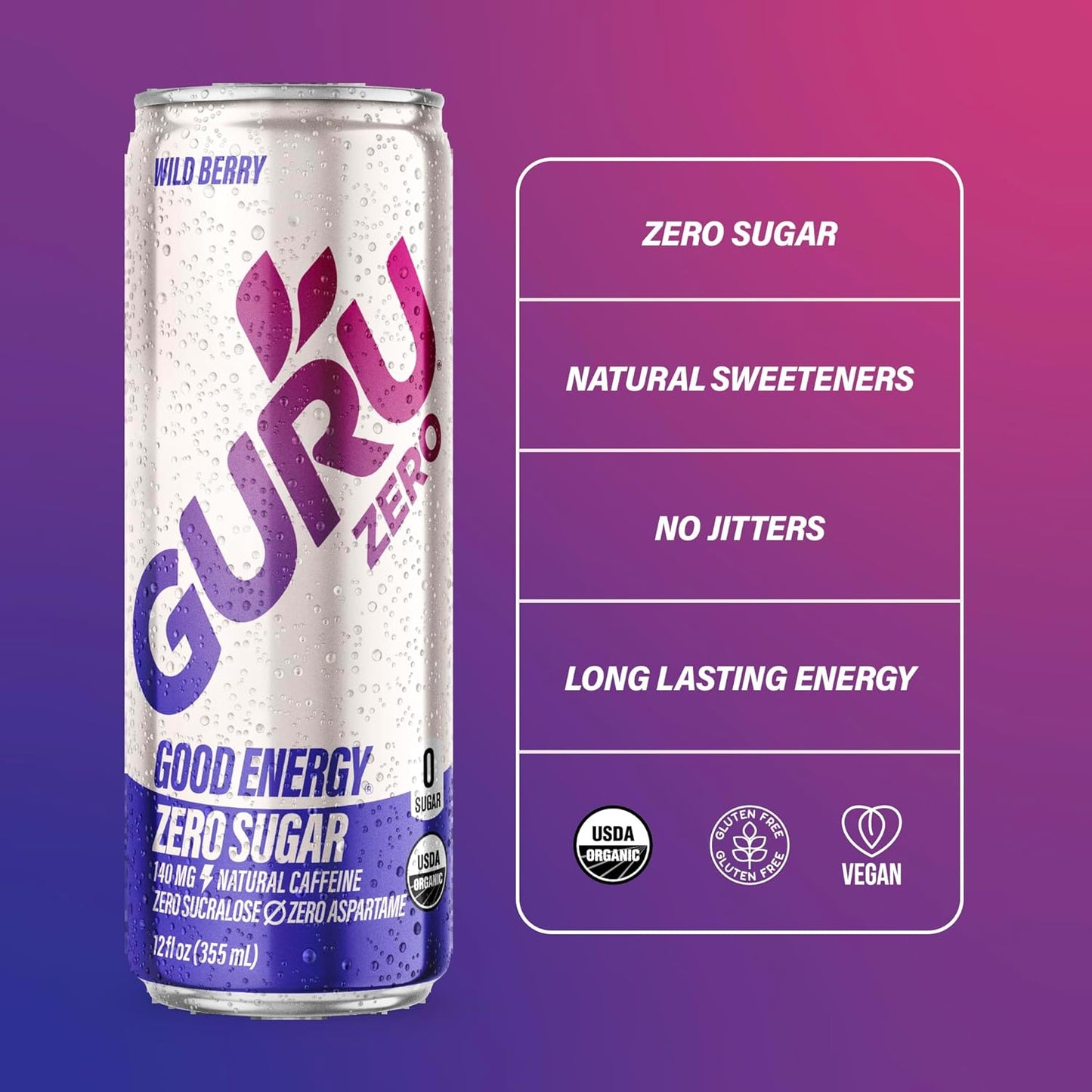 GURU ZERO SUGAR Wild Berry Organic Energy Drink with Plant Based Natural Caffeine from Green Tea, Coconut Water, Prebiotic, Zero Added Sugars, Gluten Free & Vegan, Pre Workout, 140MG Caffeine, 12 Oz (Pack of 24)