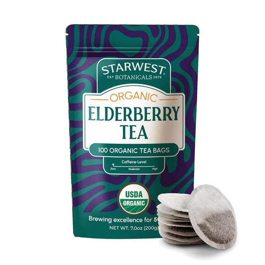 Starwest Botanicals Organic Elderberry Tea - Caffeine Free Herbal Tea Blend, Immune System Support, String Free Sachets, USDA Organic Elderberries & Elder Flower, Non GMO - Bulk Pack, 100 Tea Bags