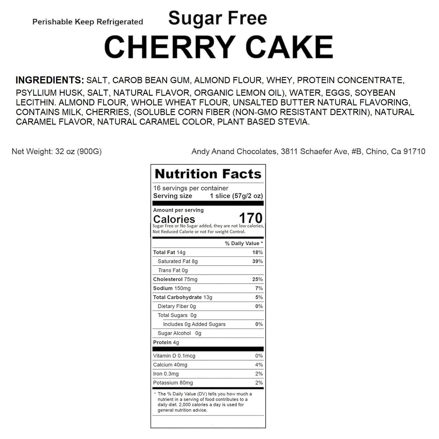 Andy Anand Sugar-Free Cherry Cake 2.9 lbs - Gourmet, Freshly Made, All-Natural Ingredients, No Preservatives, Diabetic-Friendly, Gourmet Gift Boxed Delight