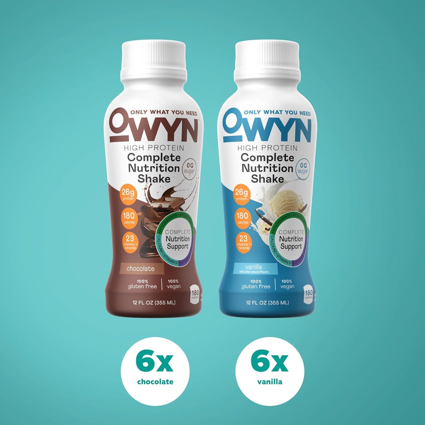 OWYN Only What You Need High Protein Plant Based Complete Nutrition Shake, Chocolate & Vanilla Variety Pack, 12 Fl Oz (12 Pack)