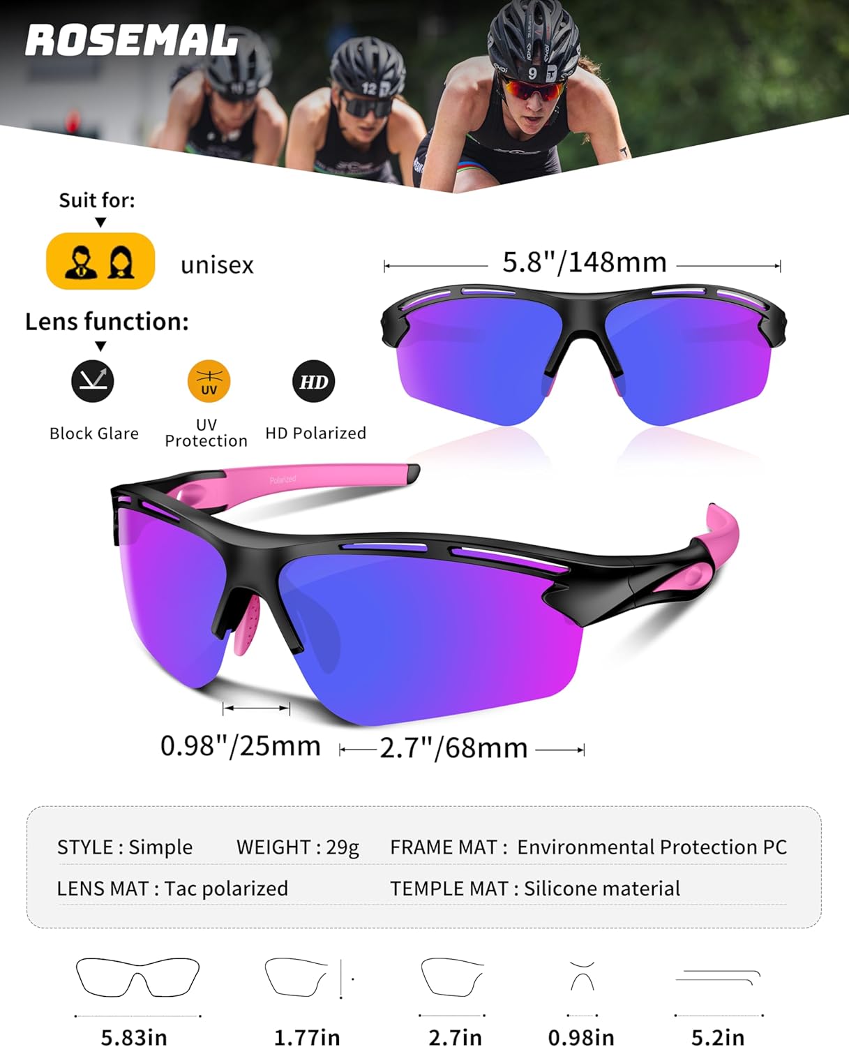 Polarized Sports Sunglasses for Men Women,UV400 Protection Sunglass for Running Cycling Fishing Hiking TR90