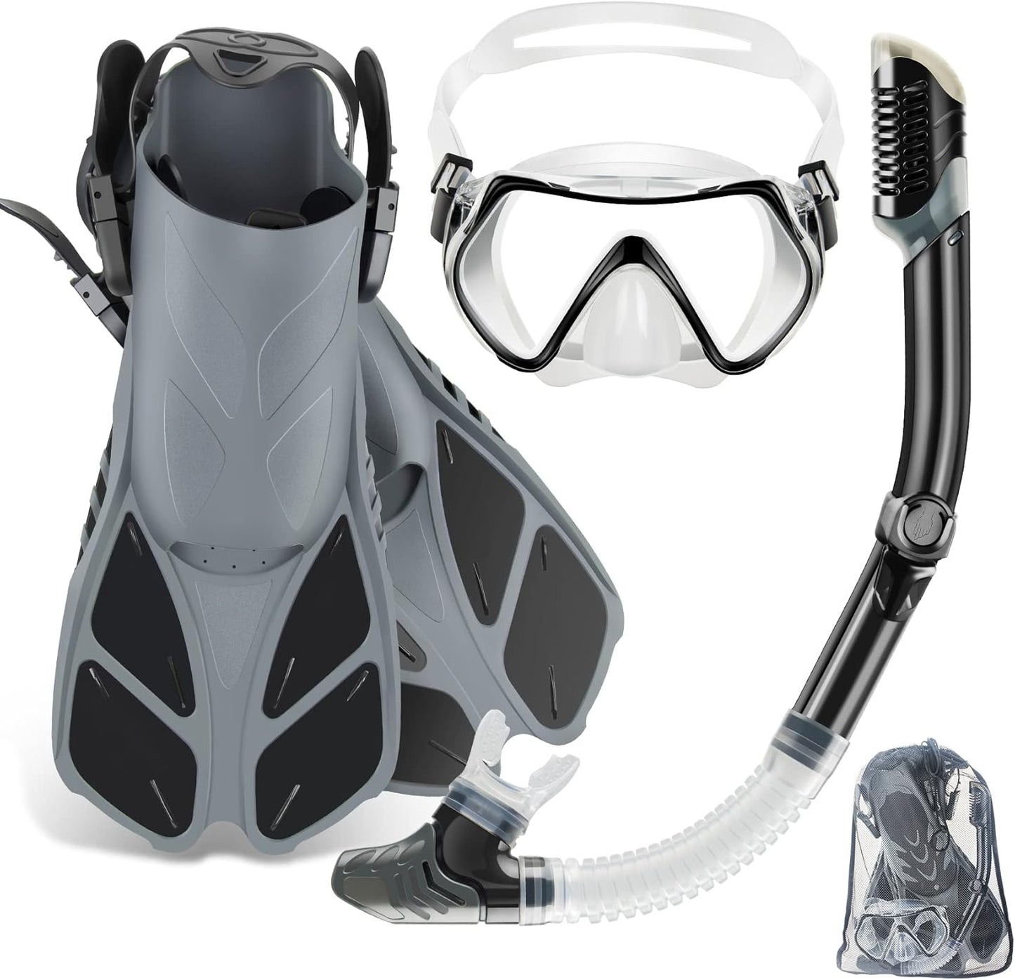 ZEEPORTE Mask Fin Snorkel Set, Travel Size Snorkeling Gear for Adults with Panoramic View Anti-Fog Mask, Trek Fins, Dry Top Snorkel and Gear Bag for Swimming Training, Snorkeling Kit Diving Packages