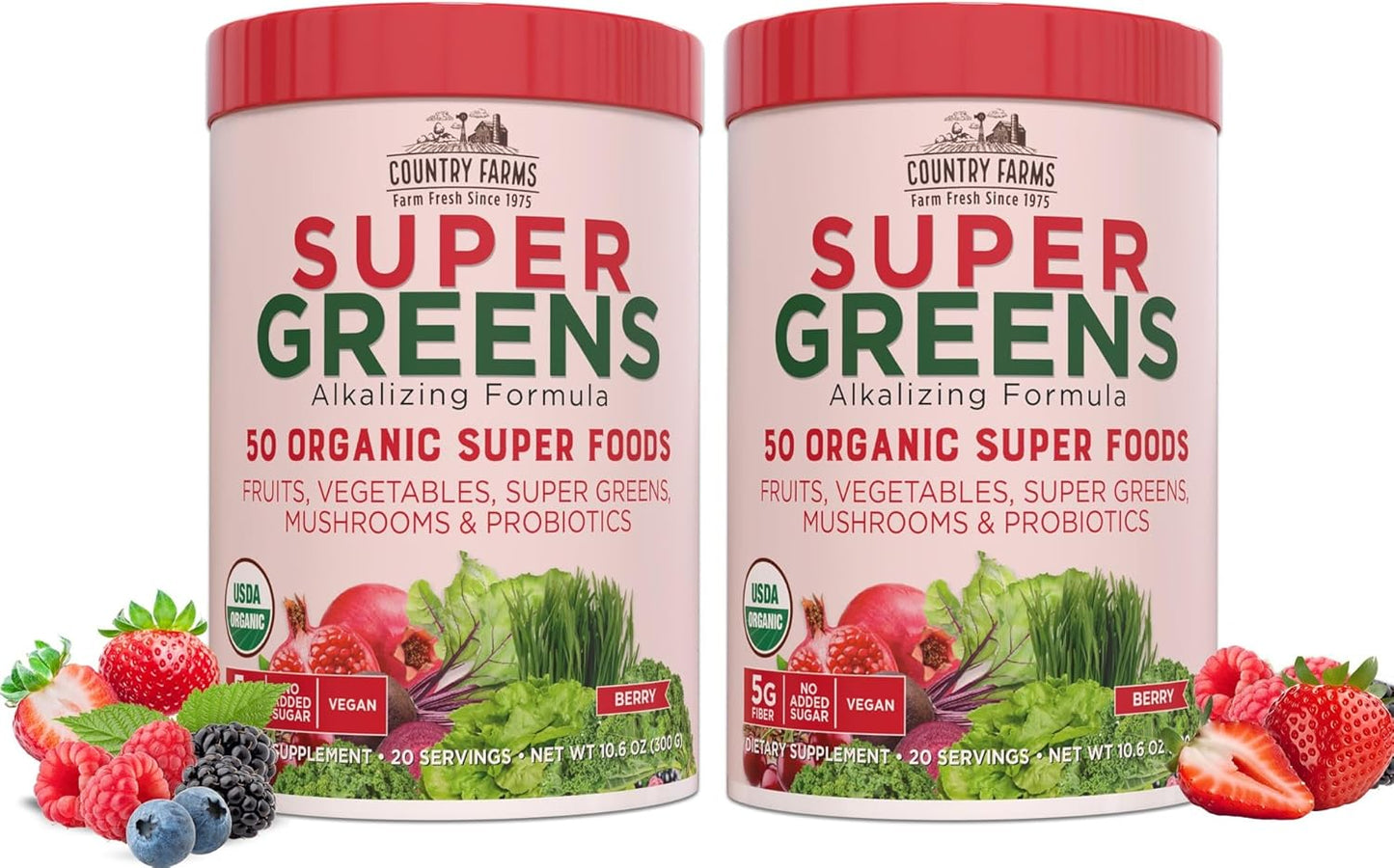 COUNTRY FARMS Super Greens Berry Flavor, 50 Organic Foods, USDA Drink Mix, Multicolor, Multi, 40 Servings, 21 Oz, 2 Pack
