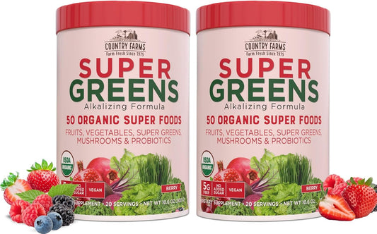 COUNTRY FARMS Super Greens Berry Flavor, 50 Organic Foods, USDA Drink Mix, Multicolor, Multi, 40 Servings, 21 Oz, 2 Pack