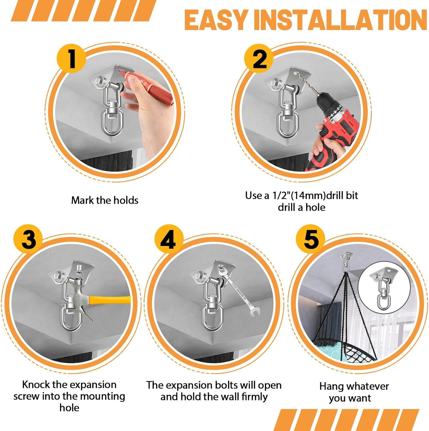 Hammock Hanging Kit 2 Pack, Porch Swing Hanging Kit 1200 Lb Capacity, Hammock Ceiling Hooks Heavy Duty 360° Stainless Steel Rotating Hanging Swing Chair for Hammock Chair Stand, Porch, Yoga, Gym