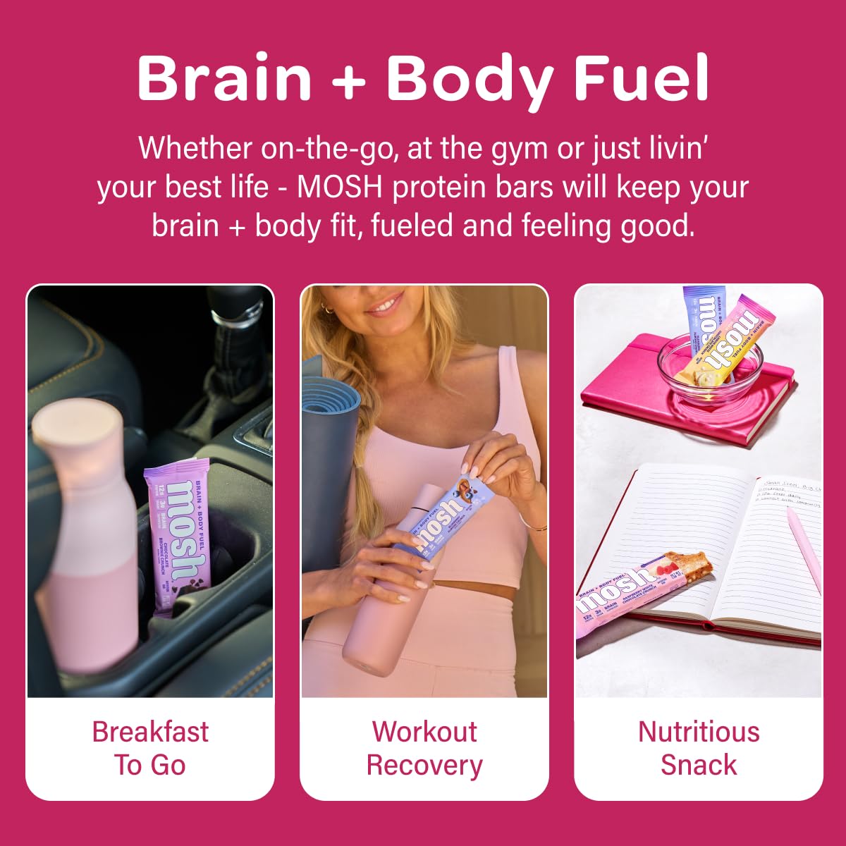 MOSH Raspberry White Chocolate Crunch Keto Protein Bars, High Fiber, Low Carb, Gluten Free, High Protein, Brain Healthy Snack, 12 Count