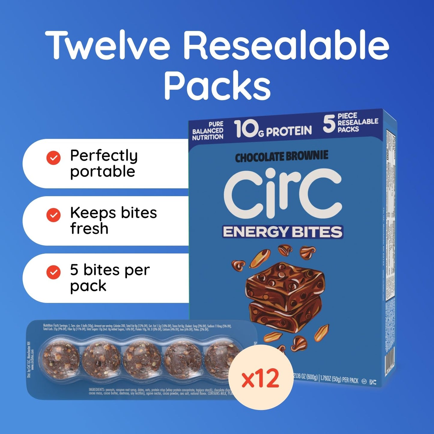 CirC Energy Bites - 12 Pack Chocolate Brownie Gluten Free Protein Balls - 10g Protein, Whole Grains, Nuts & Fruit - Portable Healthy Snacks for Adults & Kids, 5 Piece Resealable Packs
