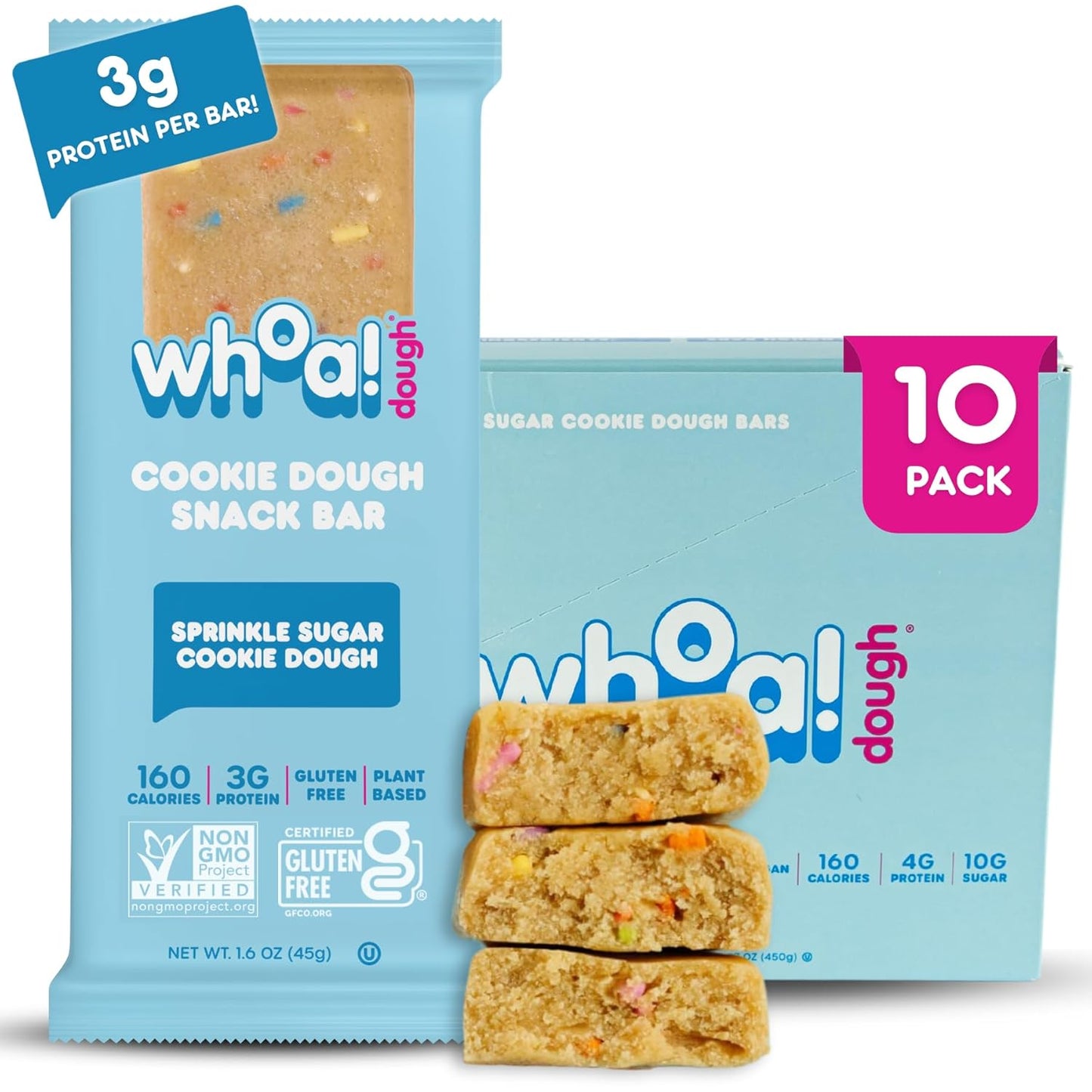 Whoa Dough Edible Cookie Dough Bars- Certified Non-GMO, Kosher and Gluten Free Bars - Healthy Snack Foods - Plant Based Snacks Made With Real Ingredients - Sprinkle Sugar Cookie Dough - 10 Pack