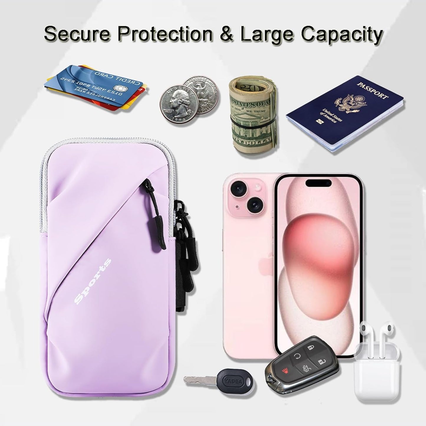 Phone Holder Arm Bands, Small Crossbody Shoulder Holsters Bag with Arm Band, Fits iPhone and All Cell Phones, Use for Running, Walking, Hiking & Biking (Plus Size Purple)