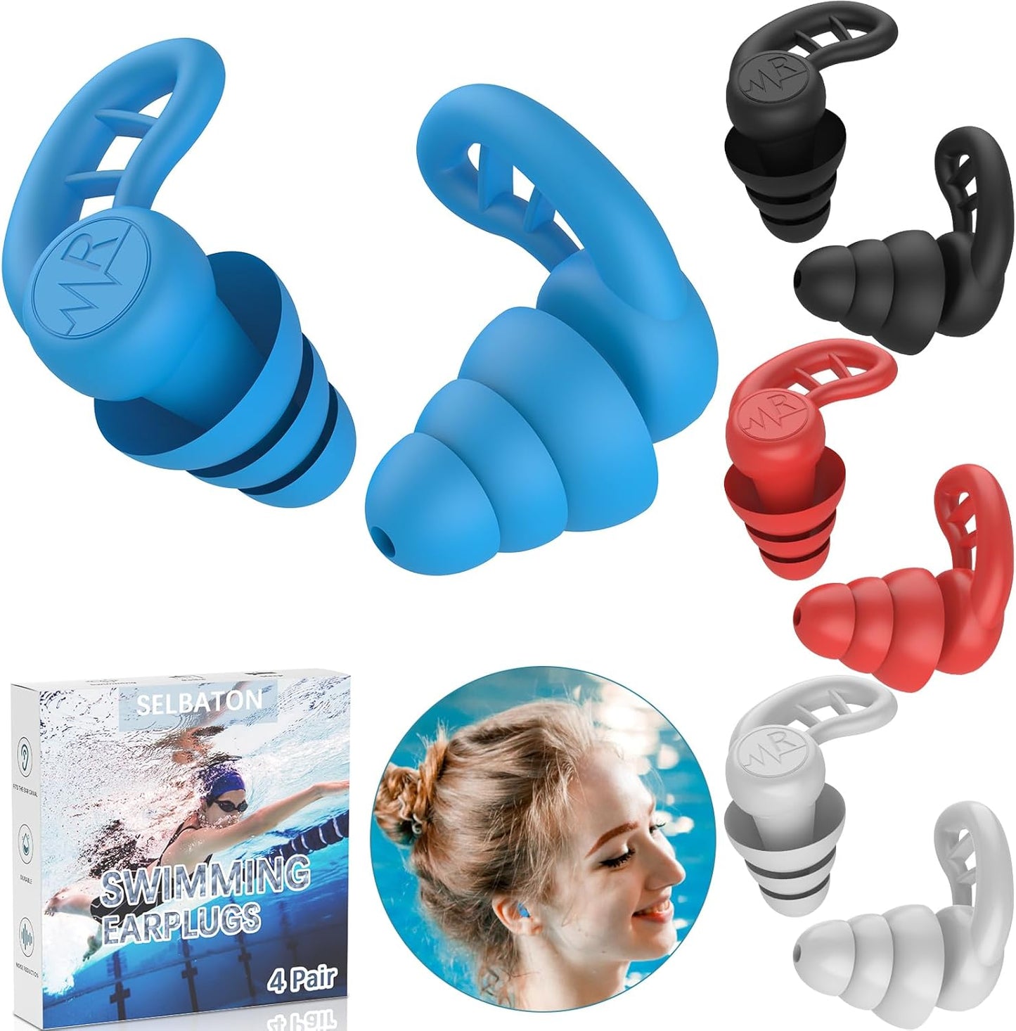 Swimming Ear Plugs for Adults, 4 Pairs Reusable Silicone Waterproof Colorful Swim Earplugs for Swimming Showering Snorkeling Surfing and Water Sports, Water Ear Plugs for Men and Women
