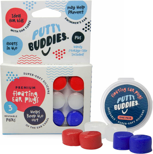 Earvolution Floating Putty Buddies Ear Plugs for Swimming - Invented by an Ear Physician - Moldable, Premium, Silicone - Floats on Water - Waterproof - Made in The USA - 3 Pack - Red/White/Blue