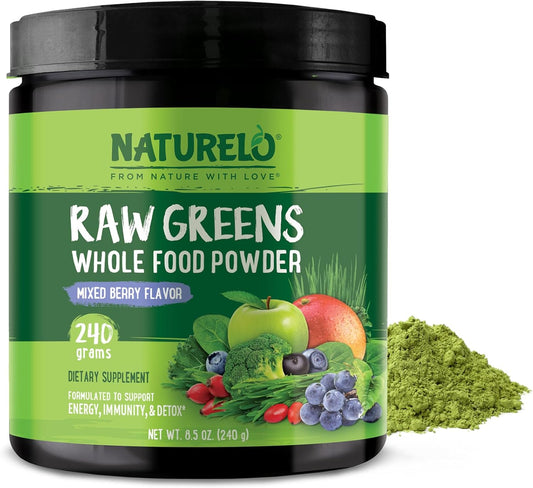 NATURELO Raw Greens Superfood Powder - Mixed Berry - Boost Energy, Detox, Enhance Health - Organic Spirulina - Wheat Grass - Whole Food Nutrition from Fruits & Vegetables - 240 Grams