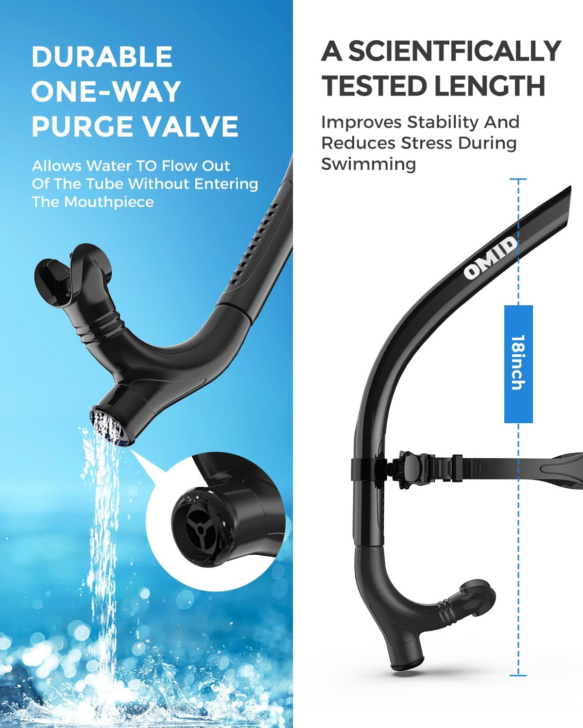 OMID SN1 Snorkel for Adult Youth, Diving Snorkel with One-Way Purge Valve, Food-Grade Silicone Mouthpiece
