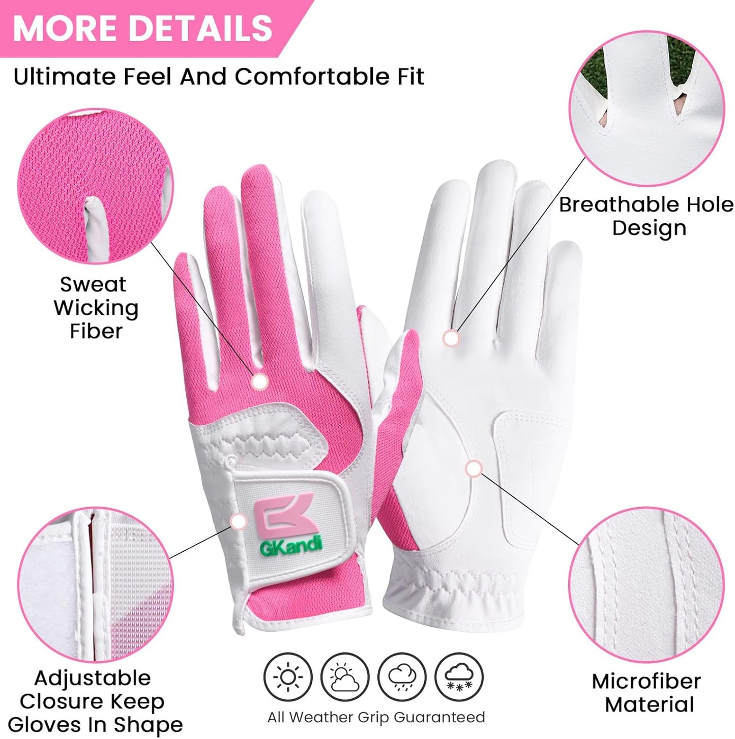 Golf Gloves Women Left Right Handed Golfer Rain Grip Hot Wet All Weather Value 2 Pack, Left Hand Right Pink Womens Golf Glove Breathable Flexible Mesh for Ladies