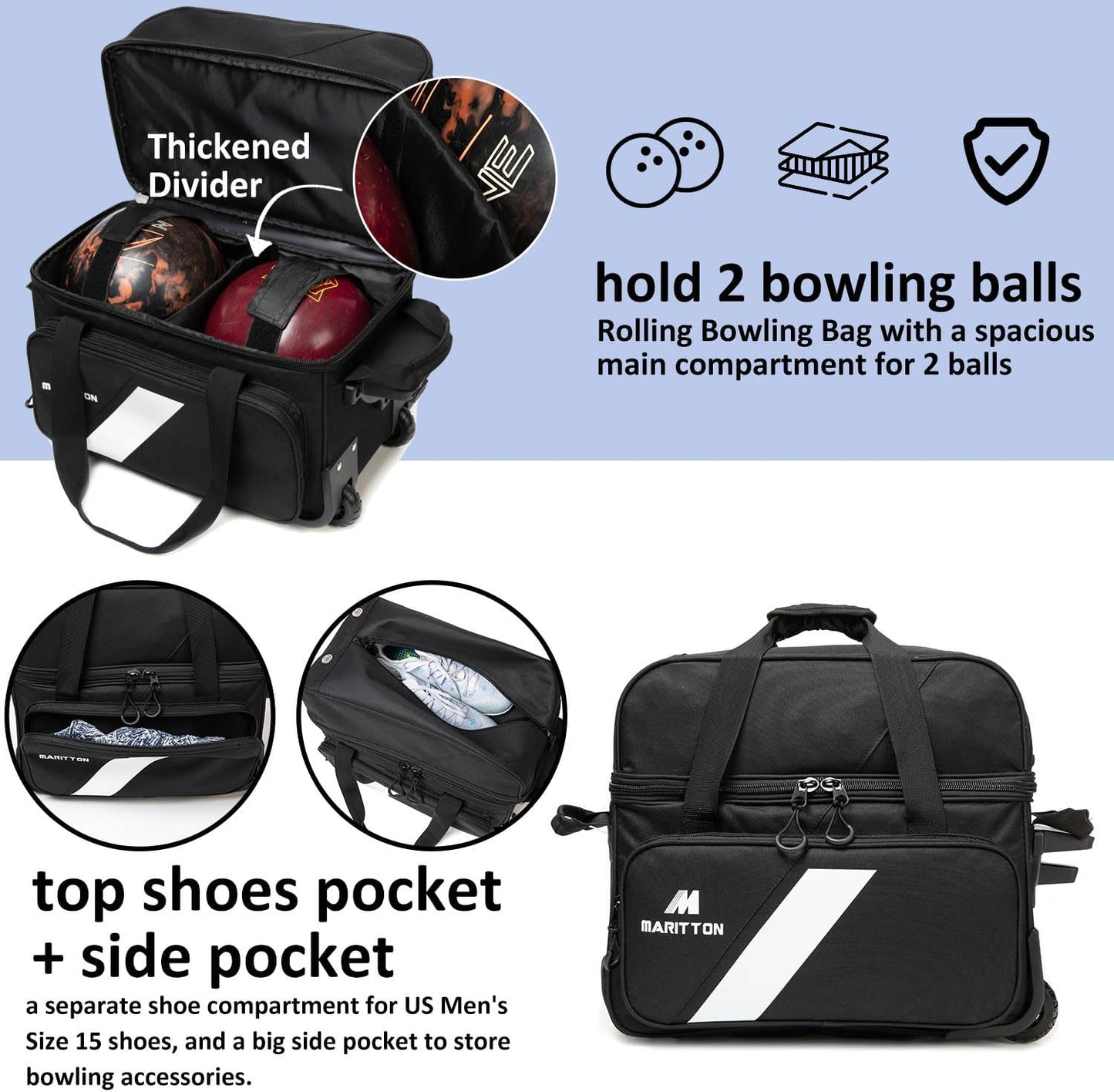 Bowling Bag with Wheels Double Roller 2 Ball Bowling Separate Shoe Compartment and Oversized Accessory Pocket, 36.6" Extendable Handle.