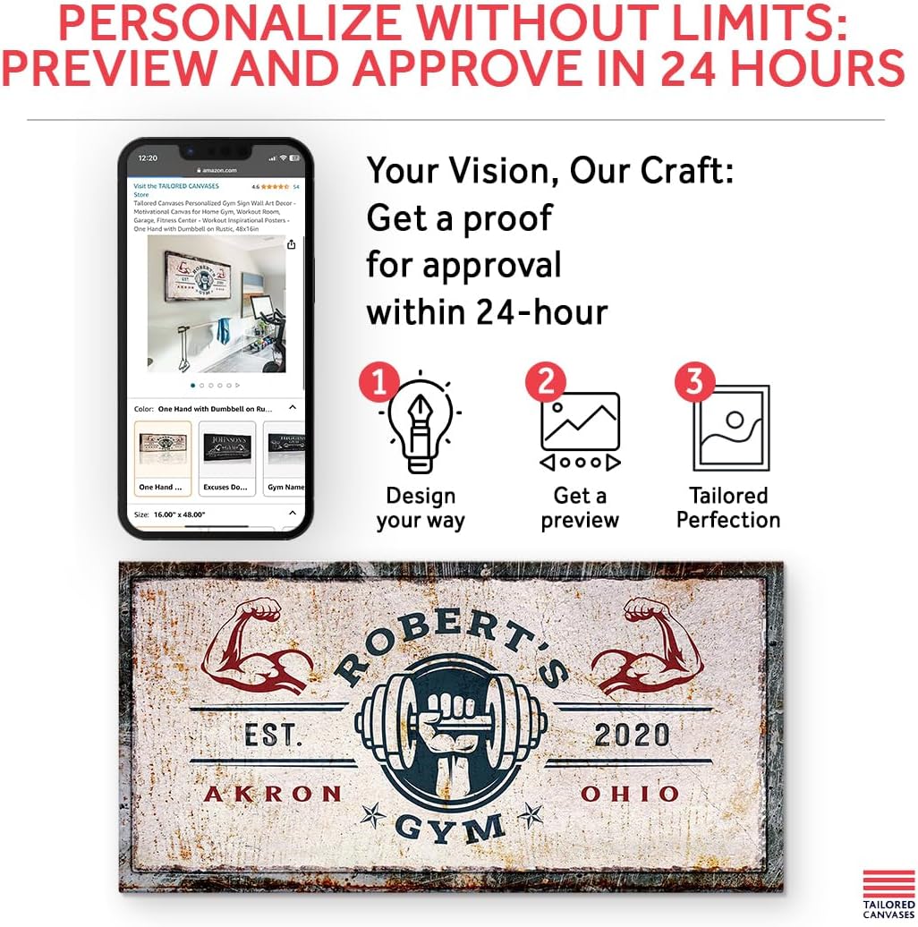 Tailored Canvases Personalized Gym Sign Wall Art Decor - Motivational Canvas for Home Gym, Workout Room, Garage, Fitness Center - Workout Inspirational Posters - One Hand with Dumbbell on Rustic, 60x30in