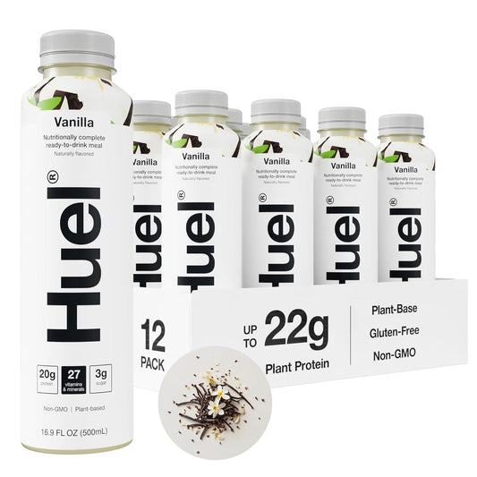 Huel Ready-to-Drink | Vanilla Meal Replacement Drink | High Protein Drink | Nutritionally Complete, Low Sugar, High Fiber, Plant Based, Vegan, Healthy | 20g Protein Per Bottle, 16.9 Fl Oz (12 Pack)