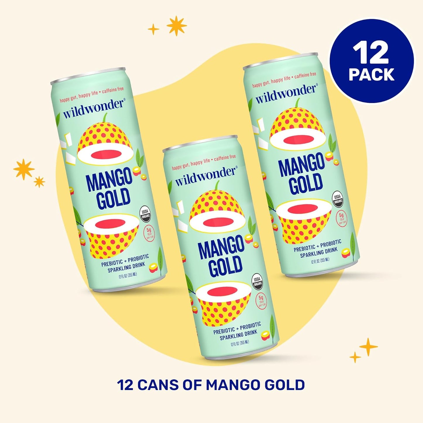 wildwonder Sparkling Probiotic Drink 12pk, For Gut Health & Immune Support, Mango Gold, 5g Prebiotic Fiber, Live Probiotics, Organic, Vegan, Low Sugar, 12 Pack, 12oz Can, As Seen on Shark Tank