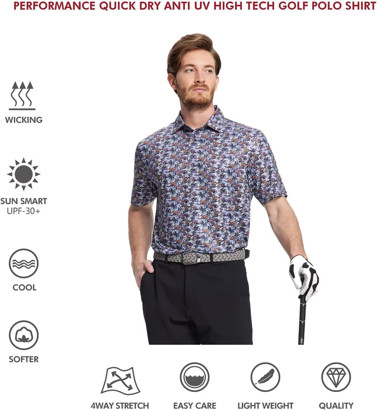 Men's Golf Polo Shirts Short Sleeve Striped Performance Moisture Wicking Dry Fit Golf Shirts for Men