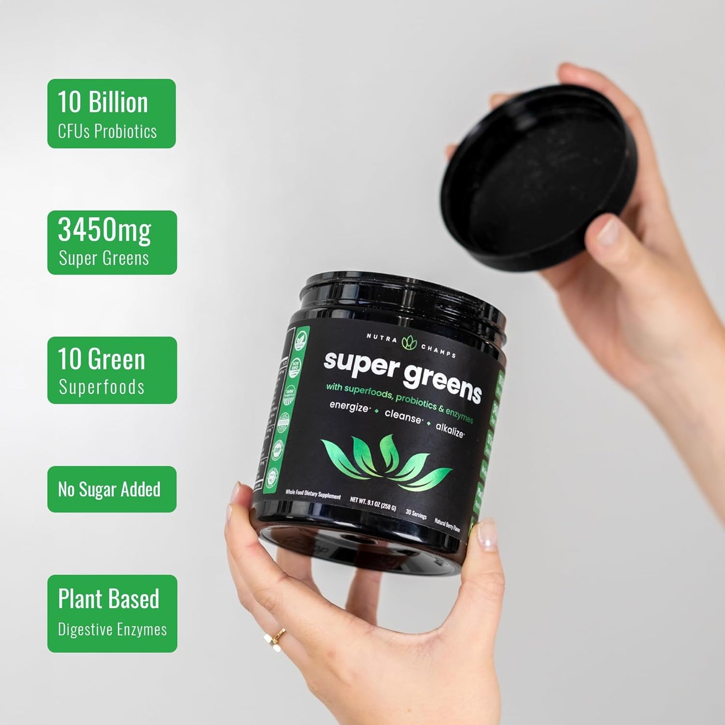 NutraChamps Super Greens Powder Premium Superfood | 20+ Organic Green Veggie Whole Foods | Wheat Grass, Spirulina, Chlorella | Antioxidant, Digestive Enzyme & Probiotic Blends (9.0 Oz, Berry)