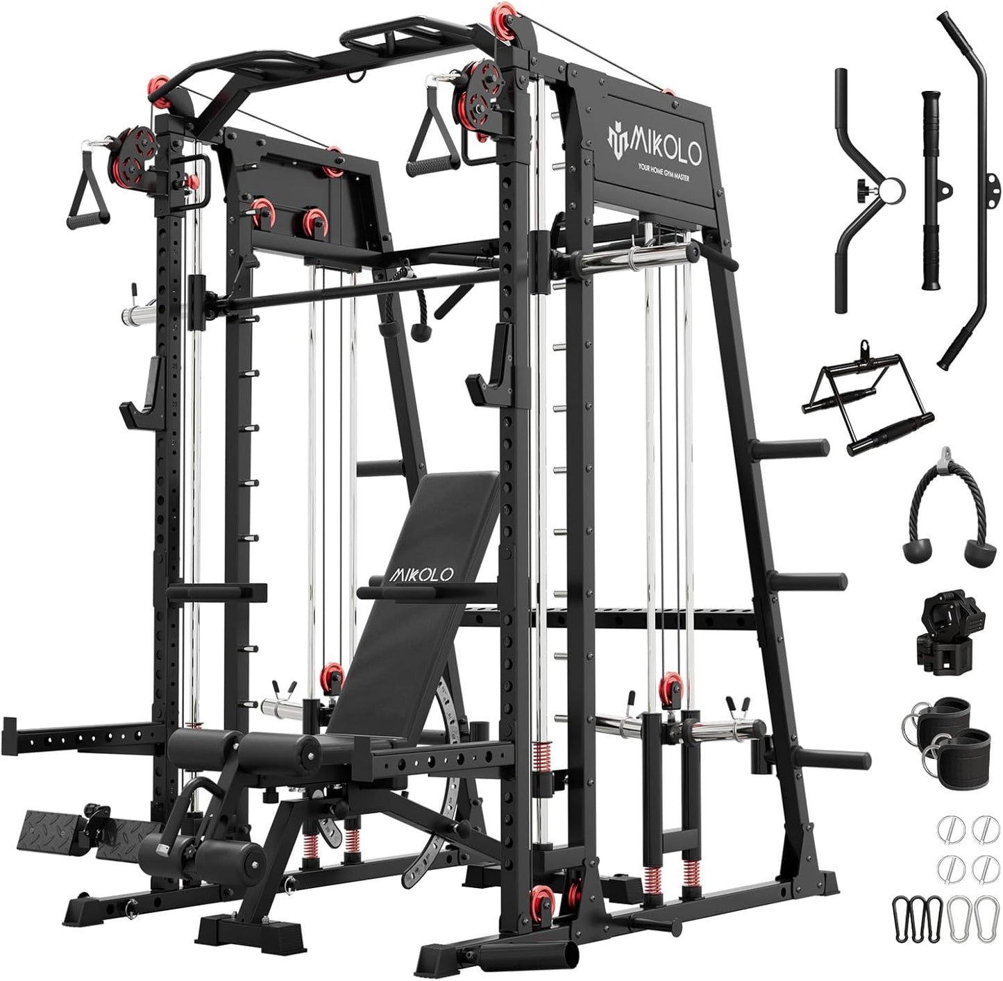 Mikolo Smith Machine, 2200lbs Squat Rack with LAT-Pull Down System & Cable Crossover Machine, Training Equipment with Leg Hold-Down Attachment