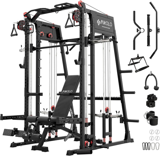 Mikolo Smith Machine, 2200lbs Squat Rack with LAT-Pull Down System & Cable Crossover Machine, Training Equipment with Leg Hold-Down Attachment
