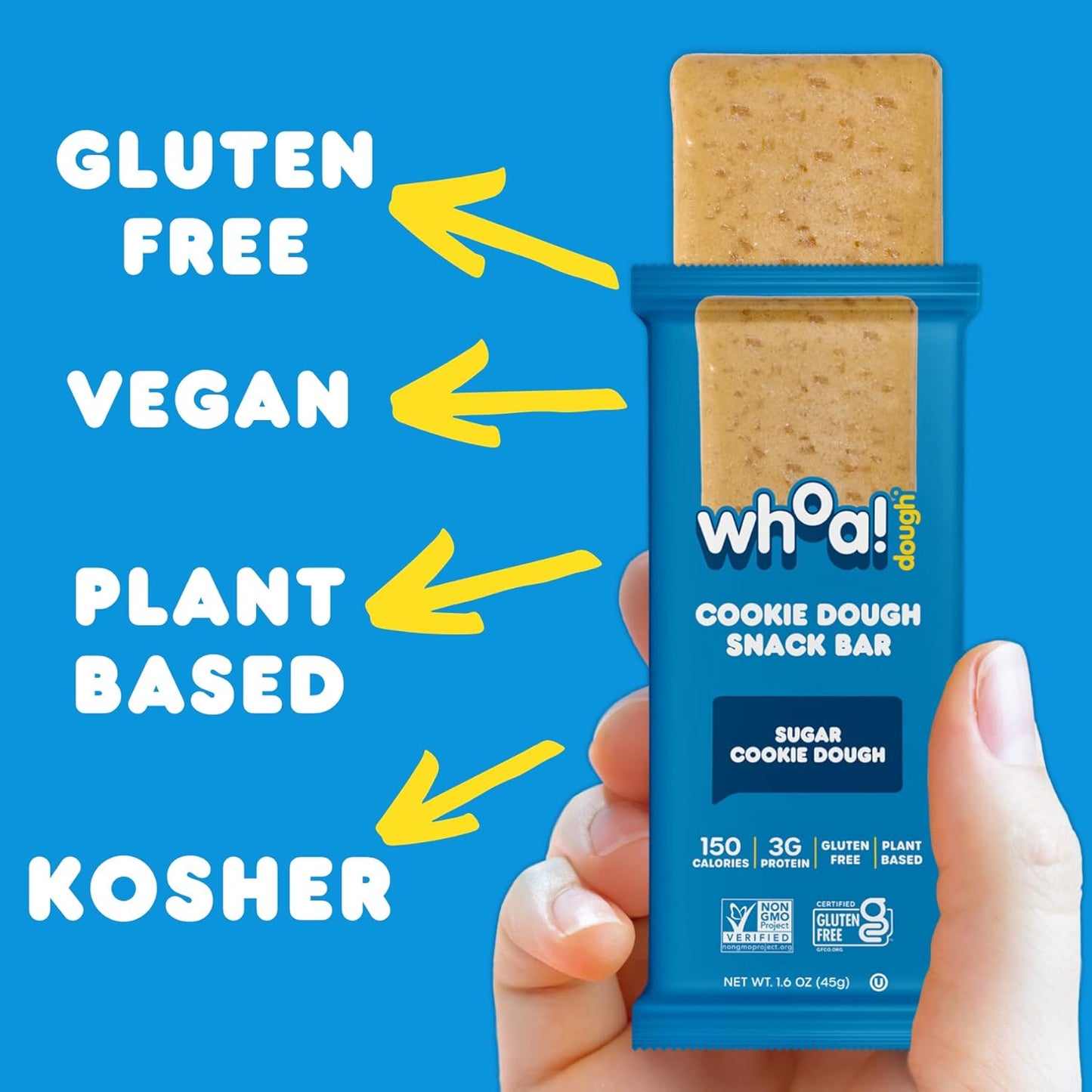 Whoa Dough Edible Cookie Dough Bars- Certified Non-GMO, Kosher and Gluten Free Bars - Healthy Snack Foods - Plant Based Snacks Made With Real Ingredients - Sugar Cookie Dough - 10 Pack