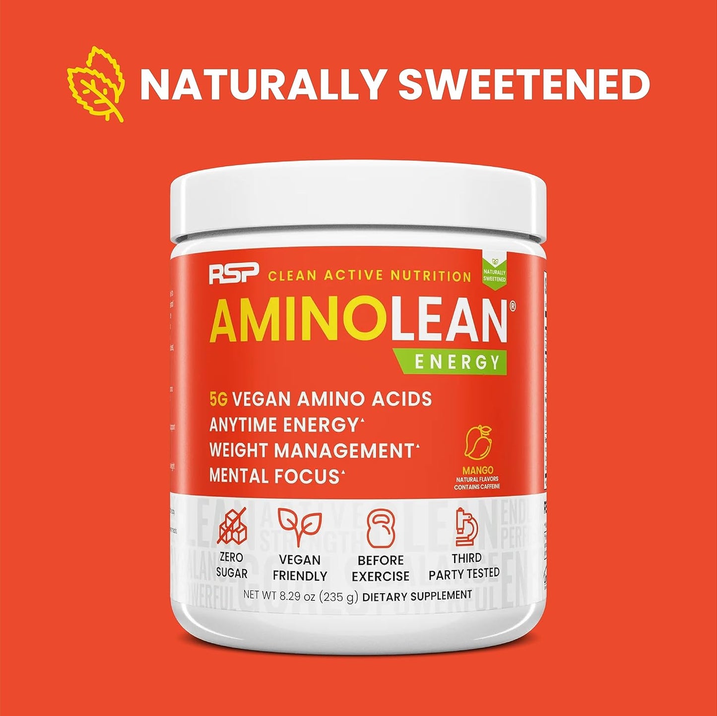 RSP NUTRITION AminoLean Natural Pre Workout Powder, Sucralose Free Amino Energy with No Artificial Dyes, Vegan BCAAs and Weight Management, Mango, 25 Serv
