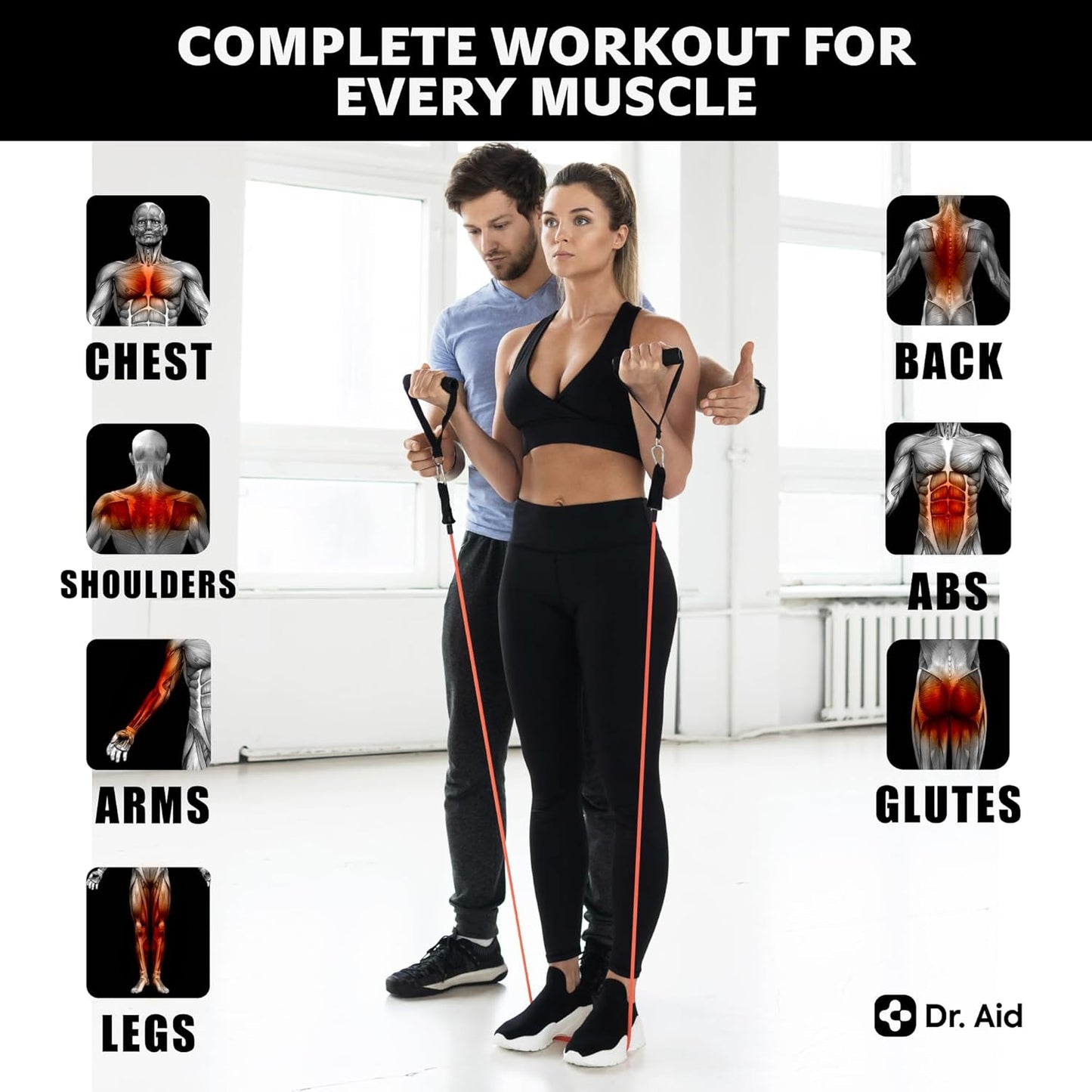 Dr. Aid Resistance Bands Set – 5 Stackable Workout Bands with Handles, Pure Latex, High Elasticity & Tear Resistant – Smell-Free Full-Body Exercise Bands for Rehab, Basic Training & Strength Workouts