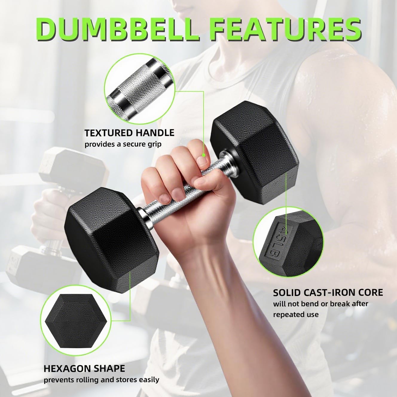 Ritafer Hex Weight Dumbbell Set with Rack Hand Weights for Strength Training Rubber Coated Dumbbells for Home Gyms Exercise & Fitness Training Muscle 5/10/15/20/25/30/35/40/45/50 lbs