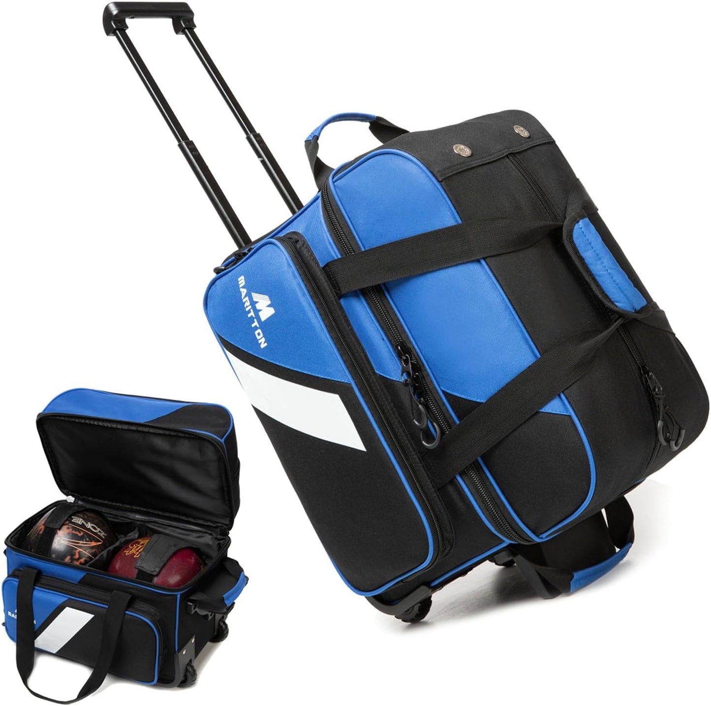 Bowling Bag with Wheels Double Roller 2 Ball Bowling Separate Shoe Compartment and Oversized Accessory Pocket, 36.6" Extendable Handle.