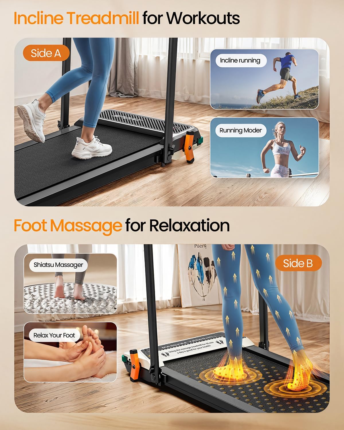 FUNRAY Versatile Walking Pad Treadmill with Incline - Dual-Sided Under Desk Treadmill with Foot Massage,2 in 1 Walking Machine for Home/Office with 330LBS Weight Capacity