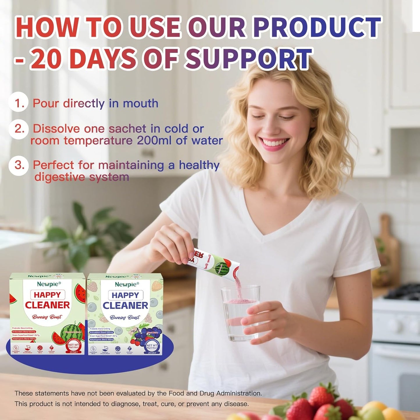 Newpie Superfoods Happy Cleaner Probiotic Powder,Watermelon&Mixed Berry Flavor Organic Prebiotic & Probiotic Fiber Powder,Sugar Free,Gut Health For Women Men (20+20 Packet, Watermelon&Mixed Berry)