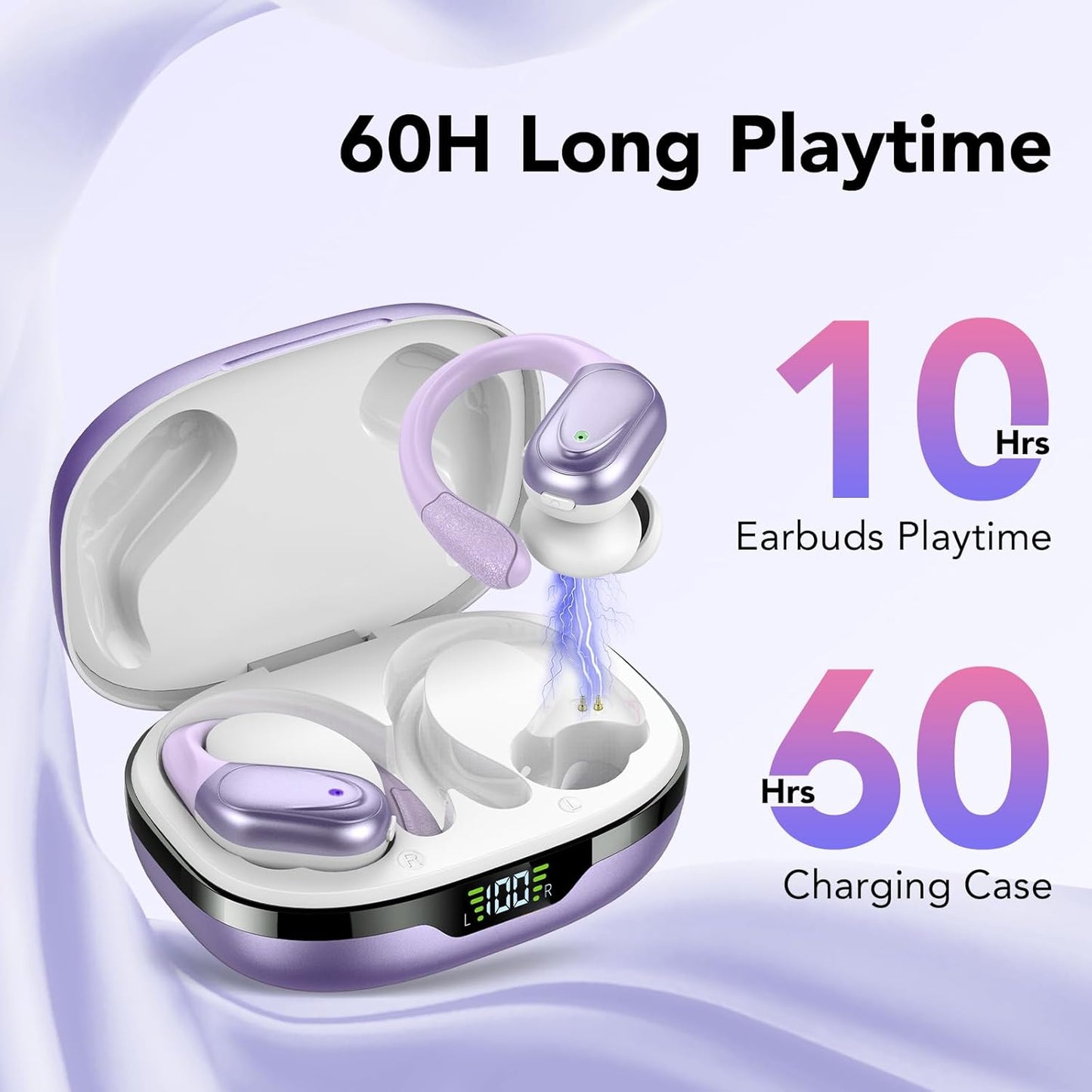 Ear buds Wireless Earbuds Bluetooth 5.3 Headphones 60hrs Playtime with Digital Display Sports Wireless Headphones with Earhook Deep Bass IPX7 Waterproof Over-Ear Earbuds for Android iOS Workout Purple